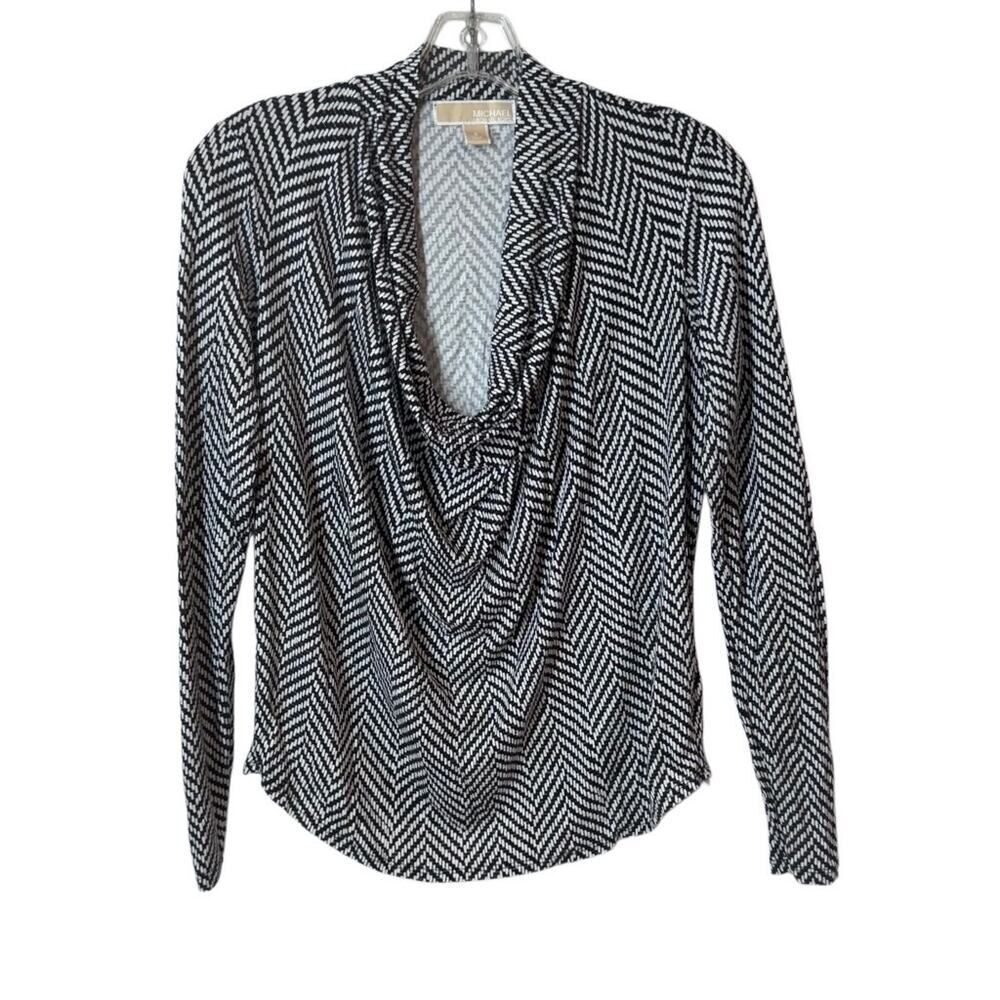 Michael Kors Herringbone Long Sleeve Top Draped Cowl Black White Jersey S